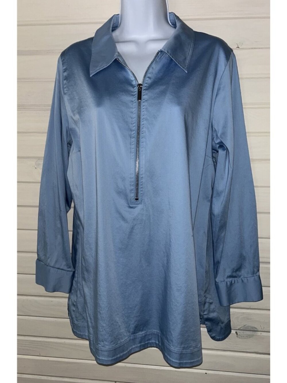 Soft Surroundings Sz LARGE Blue Half Zip Collared Pullover Tunic Cotton EUC